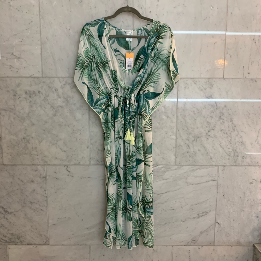 Palm Print Swimsuit Coverup with Tassels